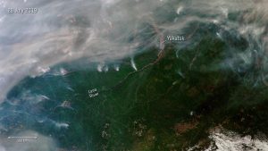 Hundreds of wildfires have broken out in Siberia, some of which can be seen in this image captured from space on 28 July 2019. Almost three million hectares of land are estimated to have been affected, according to Russia’s Federal Forestry Agency.