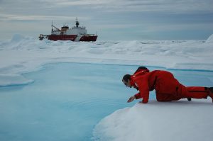 Scientist drinks meltwater on iceberg in the Arctic: Photo: National Oceanic and Atmospheric Administration (NOAA), U.S. Department of Commerce.