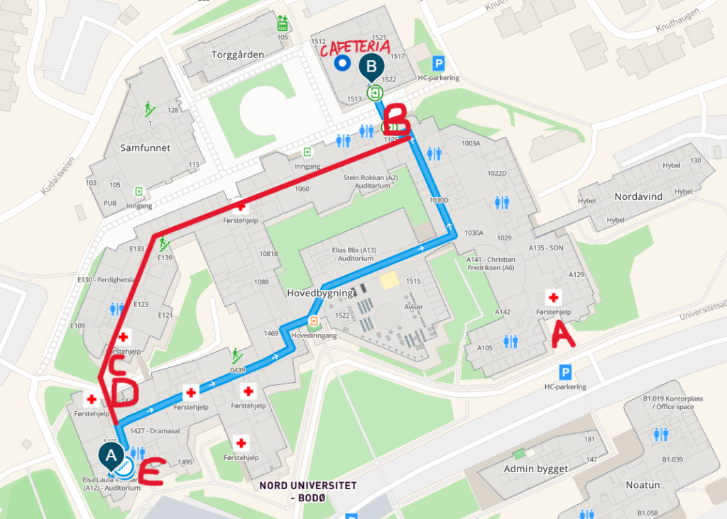 Map from MazeMap with additional marking showing two possible routes from room A11 and A12 where the symposium is held to the university cafeteria. When standing with your back to the rooms, the first route goes down the hallway ahead/slightly to the right. Continue straight when another hallway branches off to the right, and takes the next left nad then takes a right turn immediately afterwards to get to the area inside the main entrance. It continues onwards keeping the reception and some auditoria on the left and the university library on the right, and takes the next left. After this, it continues straight ahead until the corner of the building. A tiny bit to the left of this corner, it exits the building through entrance B on the right. It then crosses the walking path continuing straight ahead to the door of the cafeteria building. It then goes straight ahead inside this building until it enters the big room with the seating area of the cafeteria on the left and the shop and tills on the right. The other route takes a left turn outside room A12 ans A11 where the symposium is held. It exits this branch of the main building through entrance D and enters the other branch through entrance C straight across from D. It continues down the hallway straight ahead, taking a right turn when the hallway does, and then goes on straight ahead when another hallway branches off to the right. Right before the next corner of the building, it extis entrance B on the left. It then crosses over and goes to the cafeteria as described above.