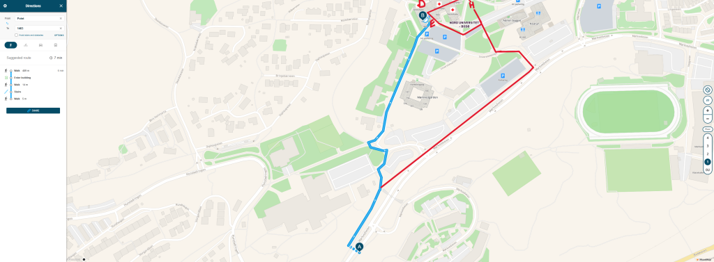Map from MazeMap with additional markings showing two possible routes from the bus stop Studentparken to the venue. Crossing the road from the bus stop and following the walking path continuing rightwards, the routes diverge right after the bridge crossing the road from the right leading to the walking path. One route takes a left between the big building on the left and the parking lots on the right. Past the parking lots, it then follows the rightmost branch of the walking path. There is soon a row of houses on the left of it and a university building on the right. Further on, there are a few small parking lots on the right, past these it reaches entrance E of hte main building and enters there. After passing the bridge on the right hand side, the other route continues straight ahead along the pavement between the parking lots on the left and the road in the right. When a small road branches off to the left of this road, the route follows it up the hill to the university. After the road turns left, there is a walking path going off to the right which goes straight up the hill. Follwing this walking path straight ahead leads to the main entrance of the university's main building, and you can then walk through the building from there to the rooms between entrance E and D. Alternatively, you can take a left when this walking path crosses small parking lots, and then stay on the left of the small parking lots furter on to reach entrance E.