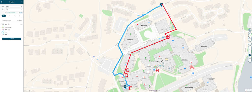 Map from MazeMap with additional marking showing two possible routes from the bus stop Universitetet to the venue. One route goes back the way the bus came from on the outside of all the university buildings until reaching entrance D of the main building and entering there. The other route goes away from the bus stop on the same side of the road, past the cafeteria building and then takes a right turn between the cafeteria building and the main building and entering the main building through entrance B, directly opposite the cafeteria. From there, it goes through the university building to the rooms between entrances D and E.