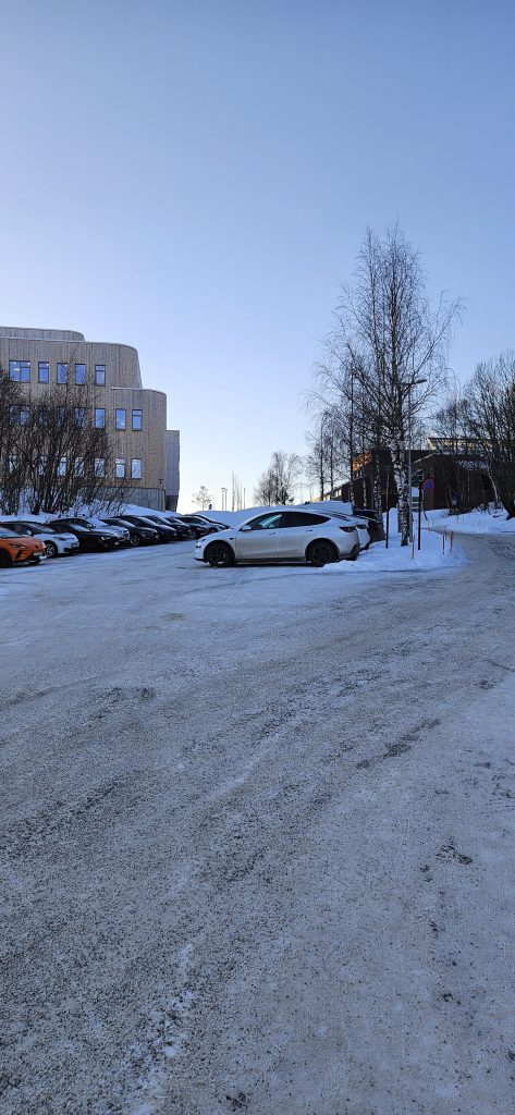 A small road up a hill. To the left of the road is a small parking lot below a building in light brown wood. A row of birch trees partly conceals a darker building on the right side of the road on top of the hill.