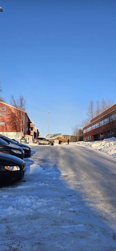 A small road with a few cars and a row of red, wooden houses on the left side and a bigger red building on its right side. At the end of the road there is a red brick building with a slanting glass roof.