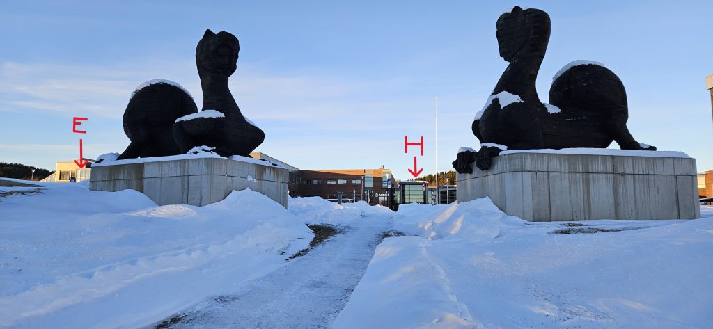 Two sculptures in dark wood on each side of a path in the snow. The sculptures are inspired of two fantastic creatures from the archway to Ål stave church. They each have four legs, with a hjuge hump above the hind legs, long throats and fairly flat faces with small pointy ears on the top of their heads. The path leads to Nord University's main building, which is made of red brick and glass. Straigth ahead is hte university's main entrance, which is made of glass and is labelled "H" in the picture. On the brick wall left of this entrance is the university's logo. More of the building can be seen to the left of the sculptures, this part is labelled "E" in the picture.