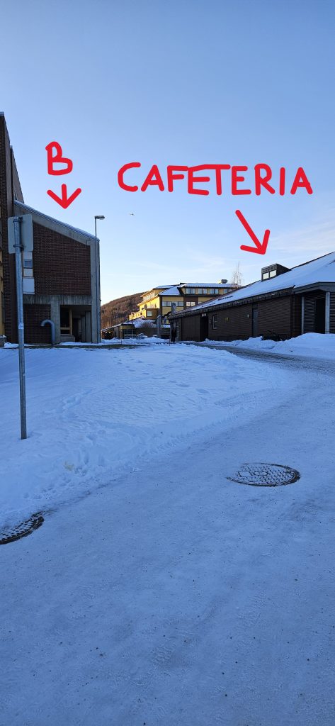A path flanked by red brick buildings on both sides after taking a left turn. The building on the left is labelled "B" in the picture, whereas the one on the right is labelled "Cafeteria". Further down the path behind building on the right, there is a big yellow building.